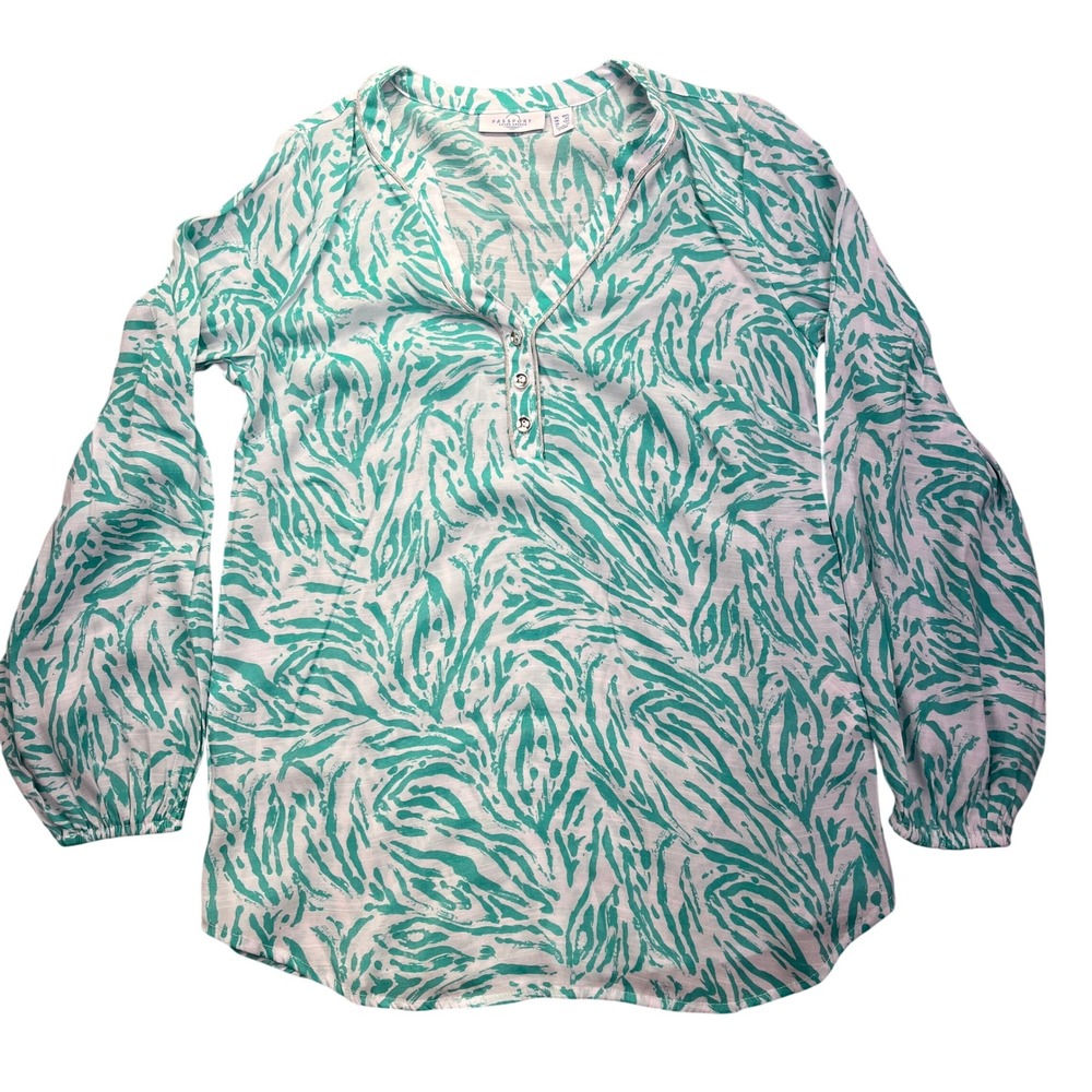 Passport Susan Graver Blouse Top Button Down Long Sleeve Green Print XXS